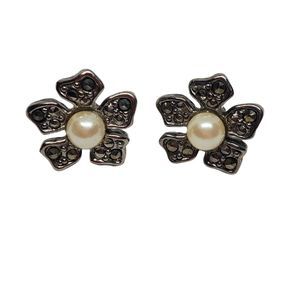 Vintage Avon Silver Tone Marcasite Faux Pearls Orchid Flowers Stud Earrings